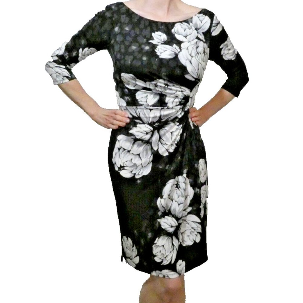 Holiday Party Dress Black White Floral Sheath Cocktail Date Night Size 2